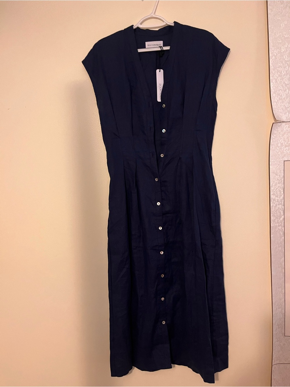 Navy Cap-Sleeve Button-Front Midi Dress